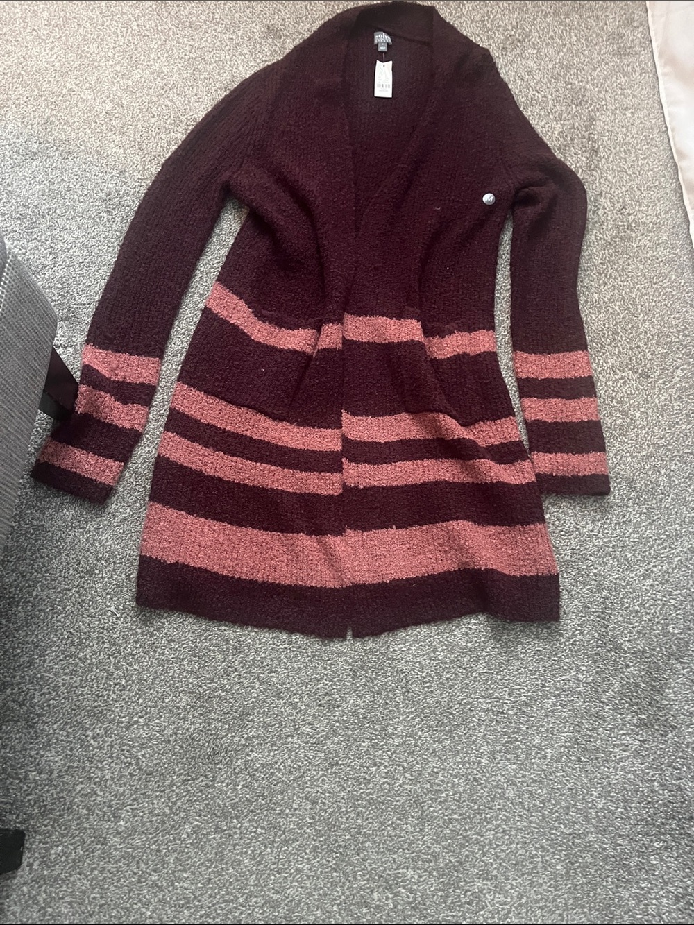 New York & Company Burgundy and Pink Striped Open-Front Cardigan